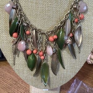 S57 Coldwater Creek Brushed Gold and Enamel Leaf and Peach Berries Necklace